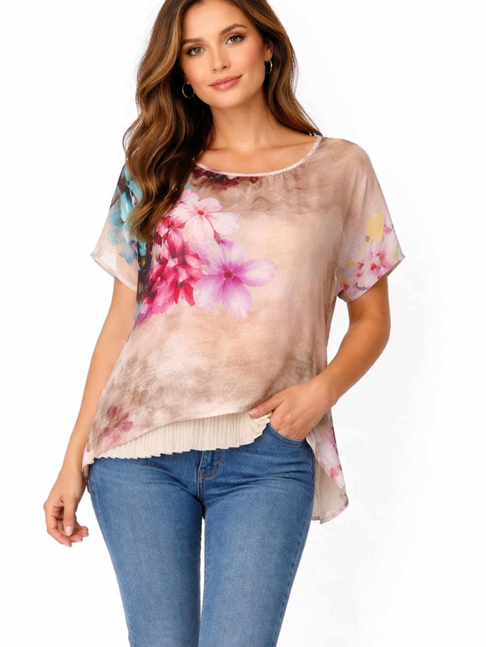 Belle France Italy Sheer Floral Blouse S Watercolor Boho Pleated Hem Tunic